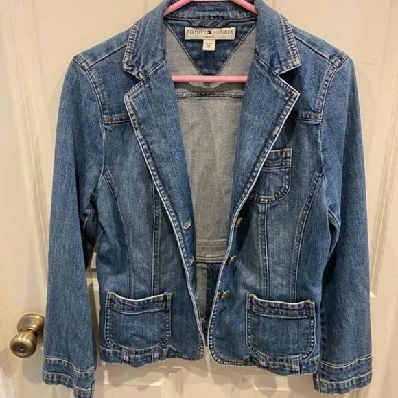 Tommy Hilfiger Women's‎ Size 8P Cropped Blue Jean Denim Trucker Jacket - Picture 8 of 9